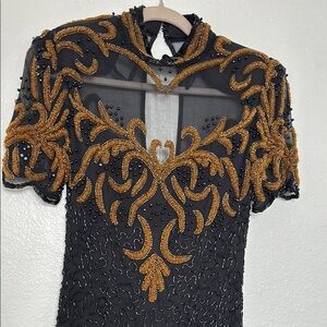 NITE waved Elegant Black and Gold Dress size S embroidered, shoulder pads